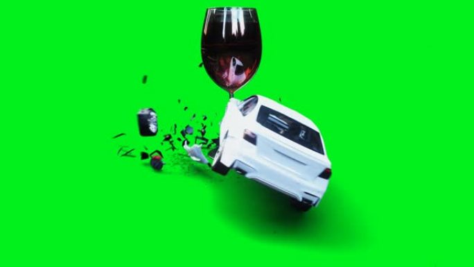 白色通用3d汽车撞上了alcholol瓶。清醒的司机概念。绿屏4k动画。