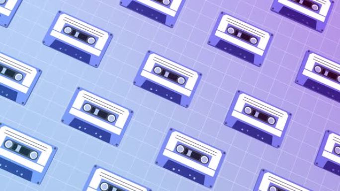 Vaporwave风格盒式磁带图案循环动画。抽象运动图形。瓷砖地板90年代复古磁带迪斯科音乐混音录音