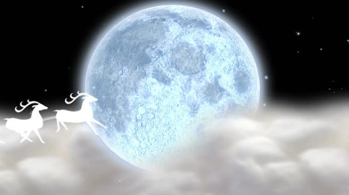 圣诞老人在雪橇上的动画，驯鹿在云和月亮上移动