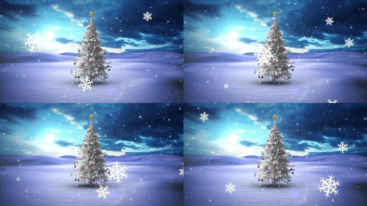 雪花图标漂浮，雪落在冬季景观上的圣诞树上