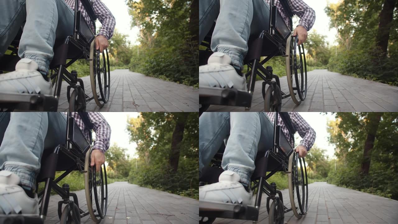残疾人驾驶的移动轮椅，特写。车祸后果和诊断瘫痪的概念