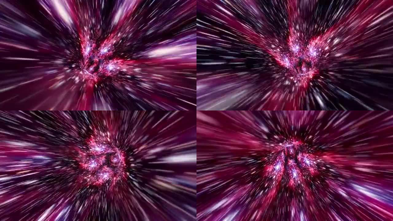 抽象深紫色红色超空间经纱隧道穿越时空动画。4K 3D循环科幻星际旅行穿过超空间涡旋隧道中的虫洞。抽象