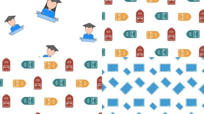 白色背景上一排排笔记本、学生、学校背包的动画