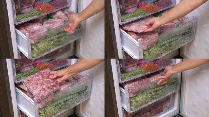 冷冻肉装在冰箱里的塑料包装里。冷冻食品