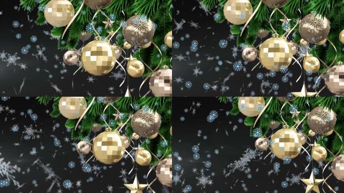 蓝色背景上的圣诞树装饰上的雪的动画