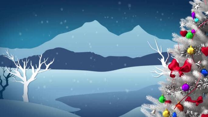 圣诞树装饰和冬季景观上飘雪的动画