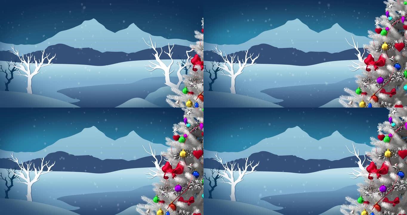 圣诞树装饰和冬季景观上飘雪的动画