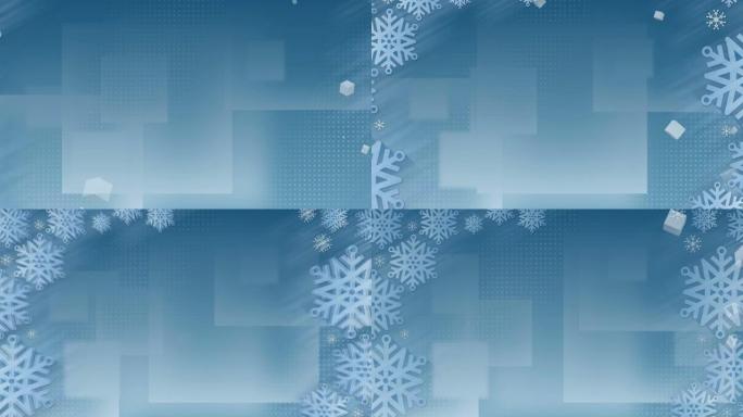 蓝色背景上的多个抽象正方形形状的雪花图案