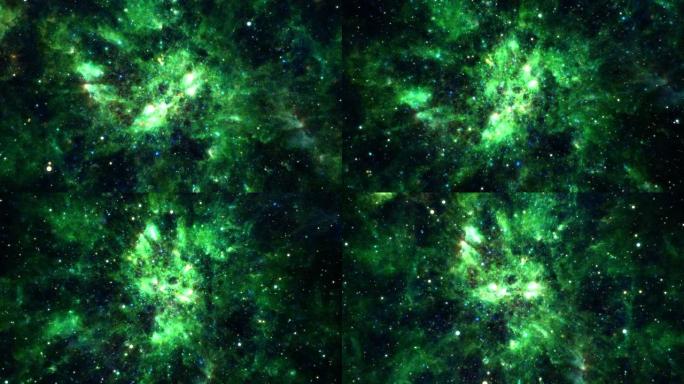 无缝循环空间穿越垃圾深绿色云星云星系，探索通过外层空间走向发光的银河系。美国宇航局图像提供的4k循环