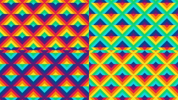 带有抽象动画线条的彩虹马赛克。带有多色瓷砖的简单几何图案在无缝循环中被动画