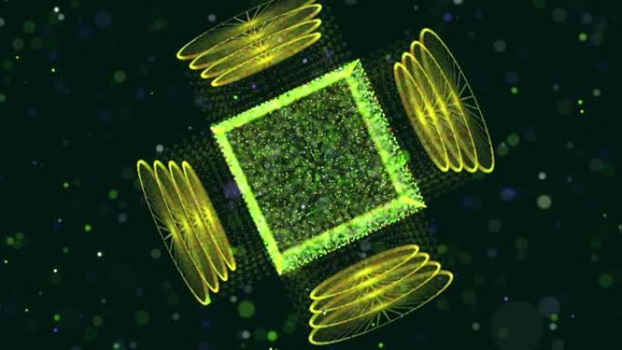 抽象辉光绿色粒子形成三维物体。立方体和圆柱体。Vj环路作为虚拟数字空间的bg。粒子作为大数据、网络或