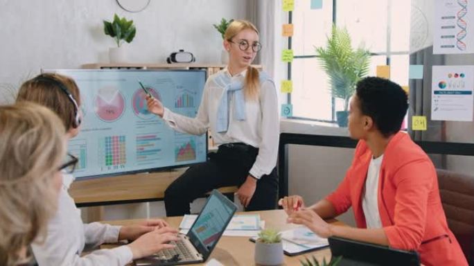 年轻的女经理为女企业家举行会议，在办公室的简报表中显示交互式白板触摸屏设备上的统计图形和图表