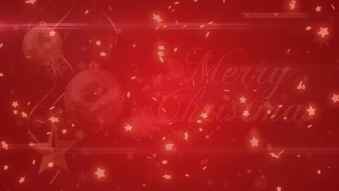 发光的星星漂浮在圣诞快乐的文字和红色背景下的圣诞装饰品上