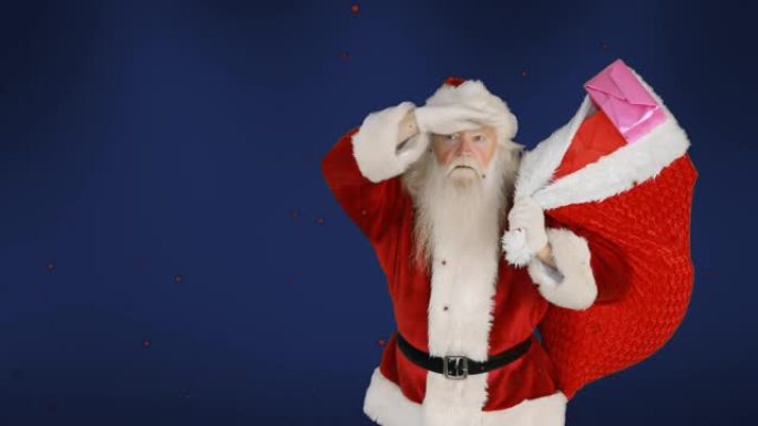 圣诞老人提着礼物麻袋的动画，红色斑点落在蓝色背景上
