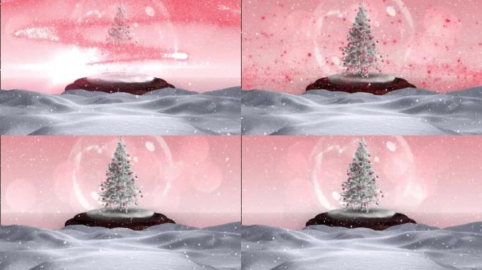 雪花飘落在冬天的风景在圣诞树周围的流星在雪花球