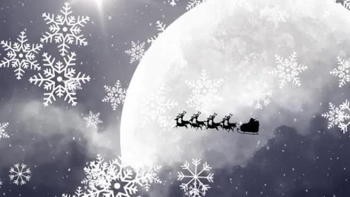 雪花落在雪橇上的圣诞老人上，在夜空中被驯鹿拉向月亮