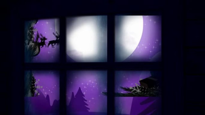 圣诞老人在雪橇上的动画和驯鹿在圣诞节的冬天透过窗户看到的风景