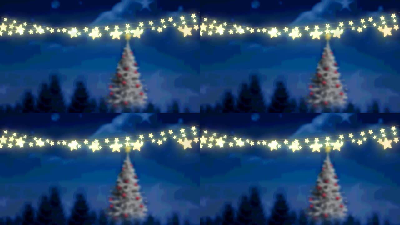 圣诞树和冬季景观上发光的童话般的动画