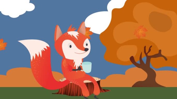 狐狸坐在树干上，秋叶秋景的动画