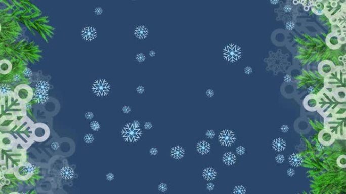 蓝色背景上圣诞节装饰上的雪掉落动画