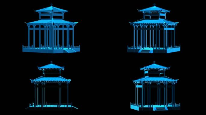 中式风格八角亭全息蓝色科技通道素材