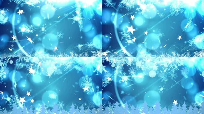 圣诞星星和雪花落在蓝色背景上的动画