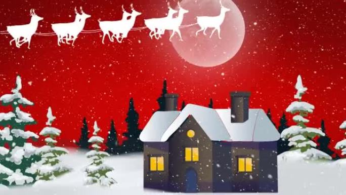 圣诞老人在雪橇上的动画，驯鹿在月亮和冬天的风景上移动