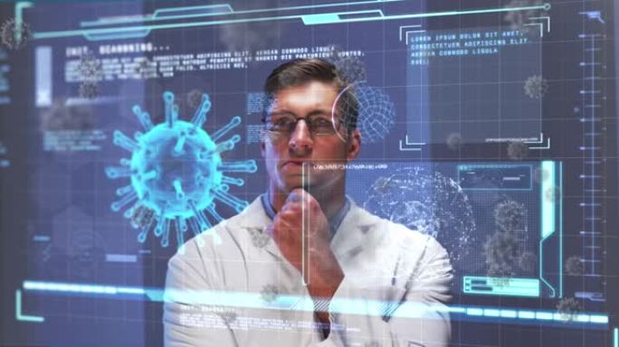 男性医生的病毒细胞和数字接口的动画