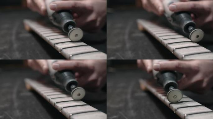 琴师在4k 60fps Prores总部乐器修理厂的吉他指板上抛光新的品格