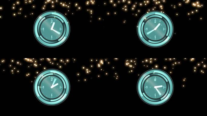 黑色背景上的时钟在星星上的动画