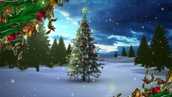 圣诞花环装饰落在冬天风景圣诞树上的雪上