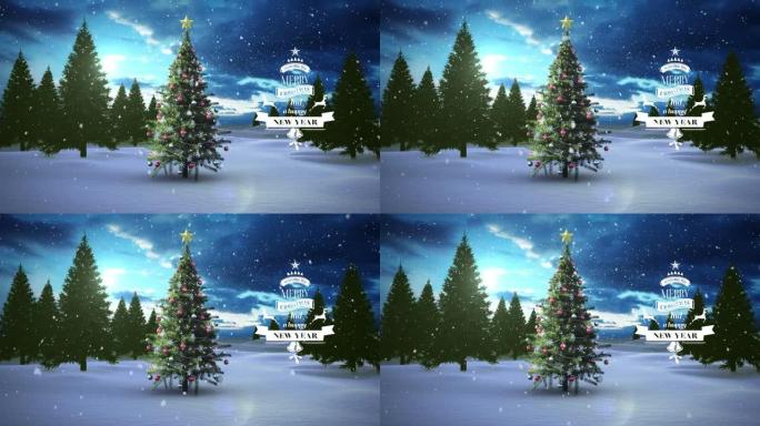 带有圣诞树的冬季景观背景下的圣诞节问候动画