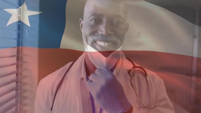 智利国旗的动画挥舞着戴着口罩的非裔美国医生