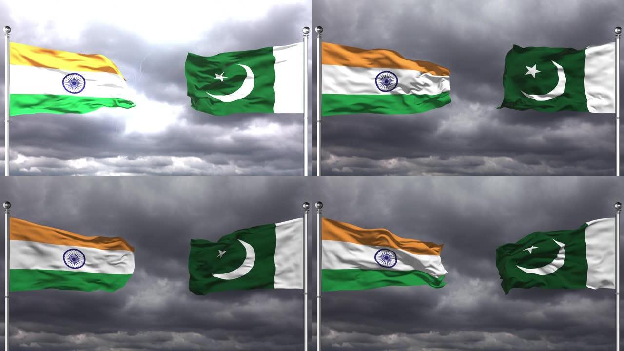 印度和巴基斯坦国旗互相挥舞|循环。