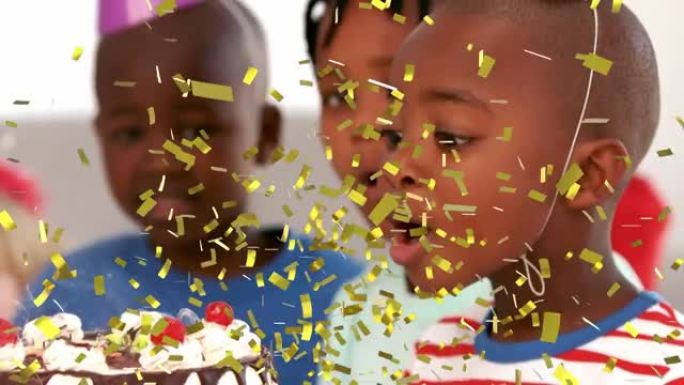五彩纸屑掉落的动画男孩在朋友包围的生日蛋糕上吹蜡烛