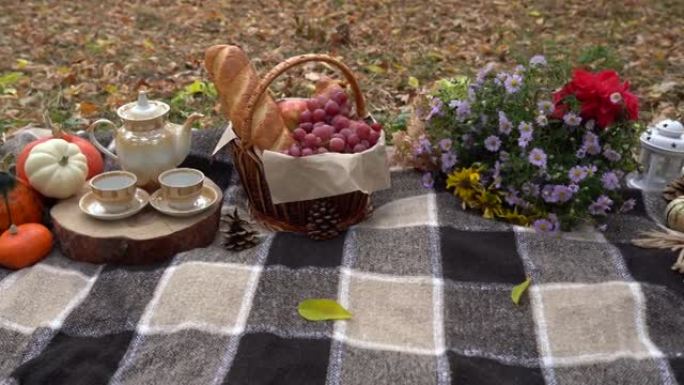 秋季感恩节静物野餐，篮子里有南瓜、鲜花、茶和水果