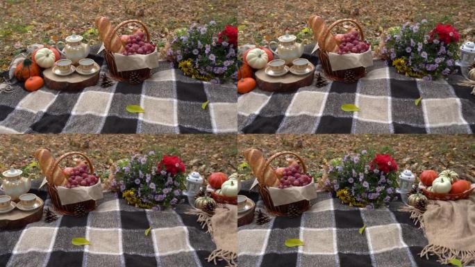秋季感恩节静物野餐，篮子里有南瓜、鲜花、茶和水果