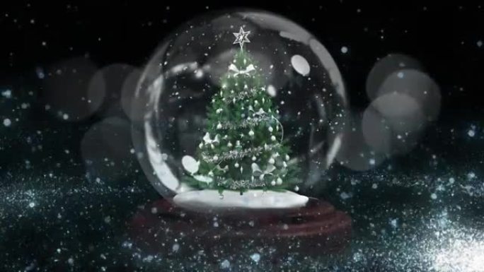 在黑暗的背景下，圣诞树在烟花上的流星和雪球动画