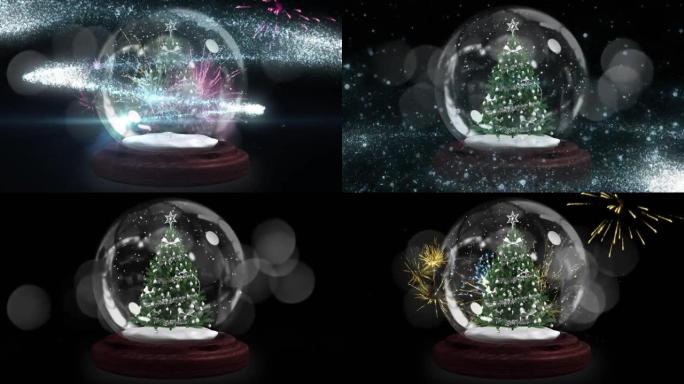 在黑暗的背景下，圣诞树在烟花上的流星和雪球动画
