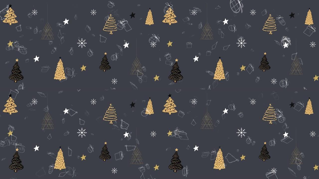 在灰色背景上的圣诞节风景上落下的圣诞节装饰品的动画