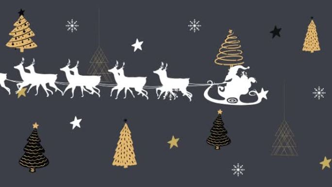 圣诞老人在雪橇上的动画，驯鹿在星星和圣诞树纹理上