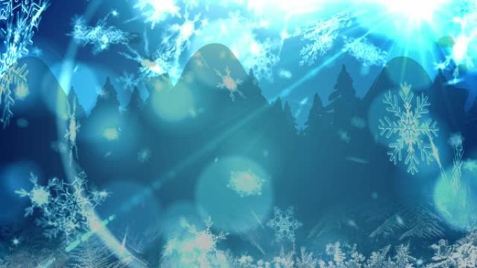 蓝色背景上的圣诞节雪落在圣诞节装饰品上的动画