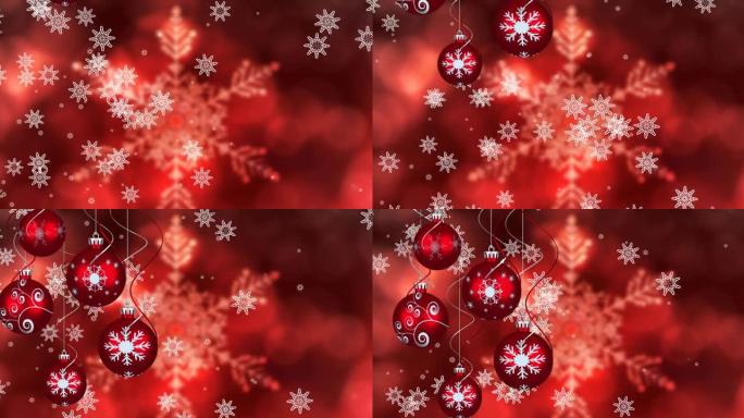 红色背景上雪花上的雪花飘落和圣诞节小玩意的动画