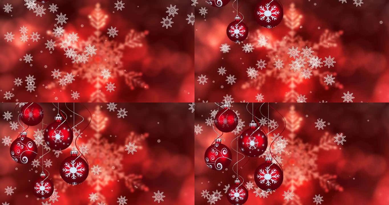 红色背景上雪花上的雪花飘落和圣诞节小玩意的动画