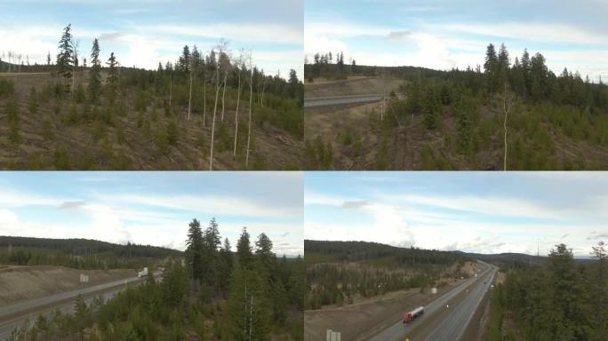 加拿大山区景观中一条风景优美的高速公路的鸟瞰图