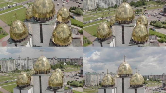 教堂圆顶，鸟瞰图，乌克兰城市利沃夫的传统老教堂，多云的蓝天