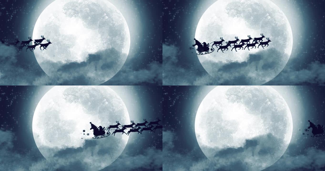 圣诞老人雪橇和驯鹿飞越月球