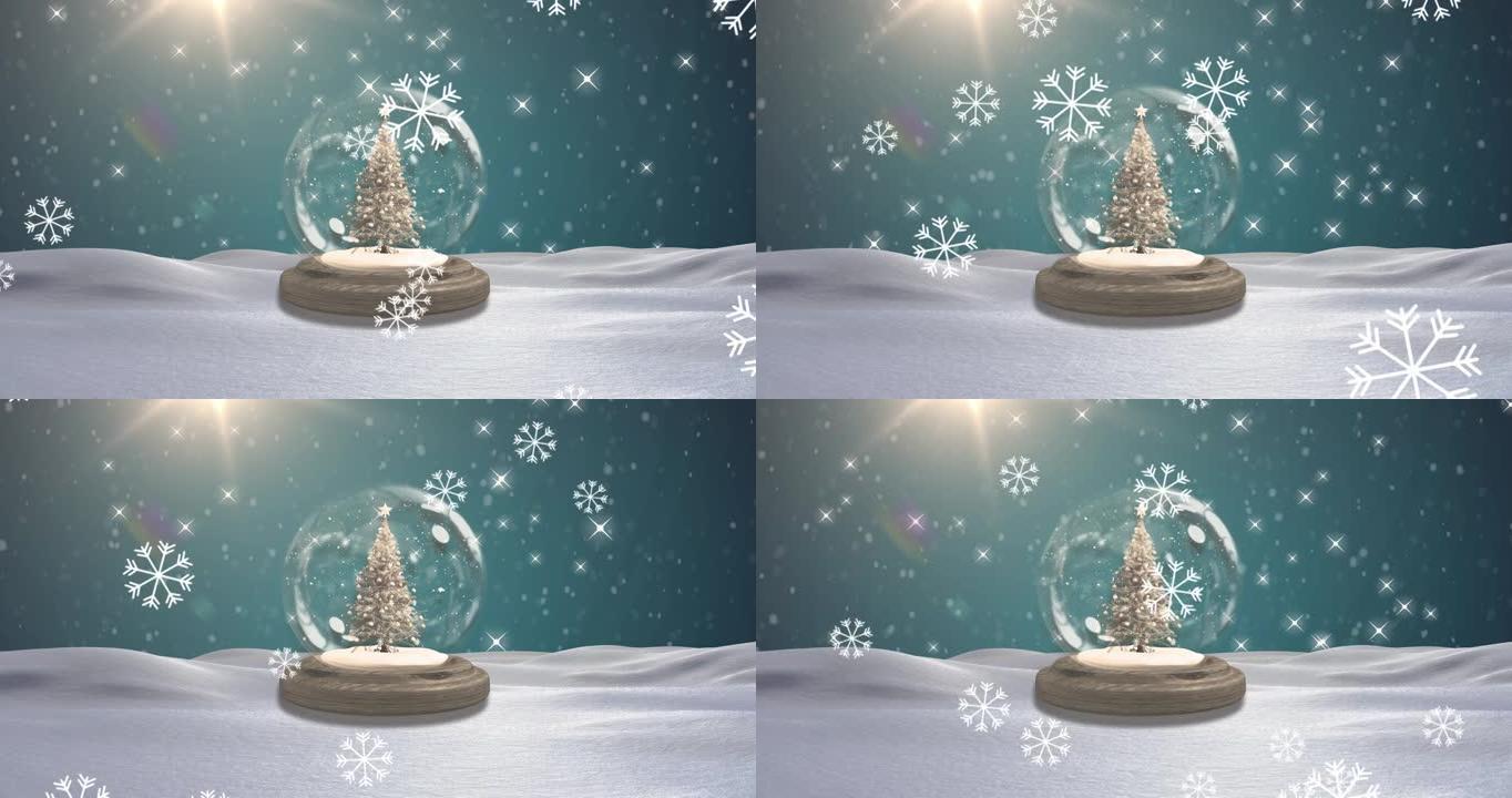 冬季风景中带有圣诞树的雪落在雪球上的动画