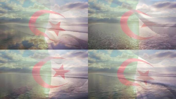 阿尔及利亚国旗的数字构图在海中挥舞着鸟瞰图