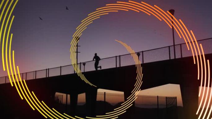 城市日落时在桥上奔跑的橙色线螺旋旋转的动画